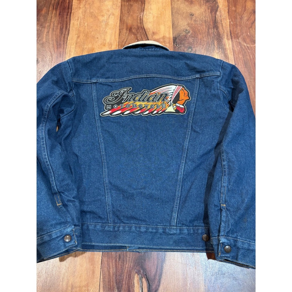 Wrangler denim jacket mens 40 blue Indian Motorcycle patch blanket lined trucker
